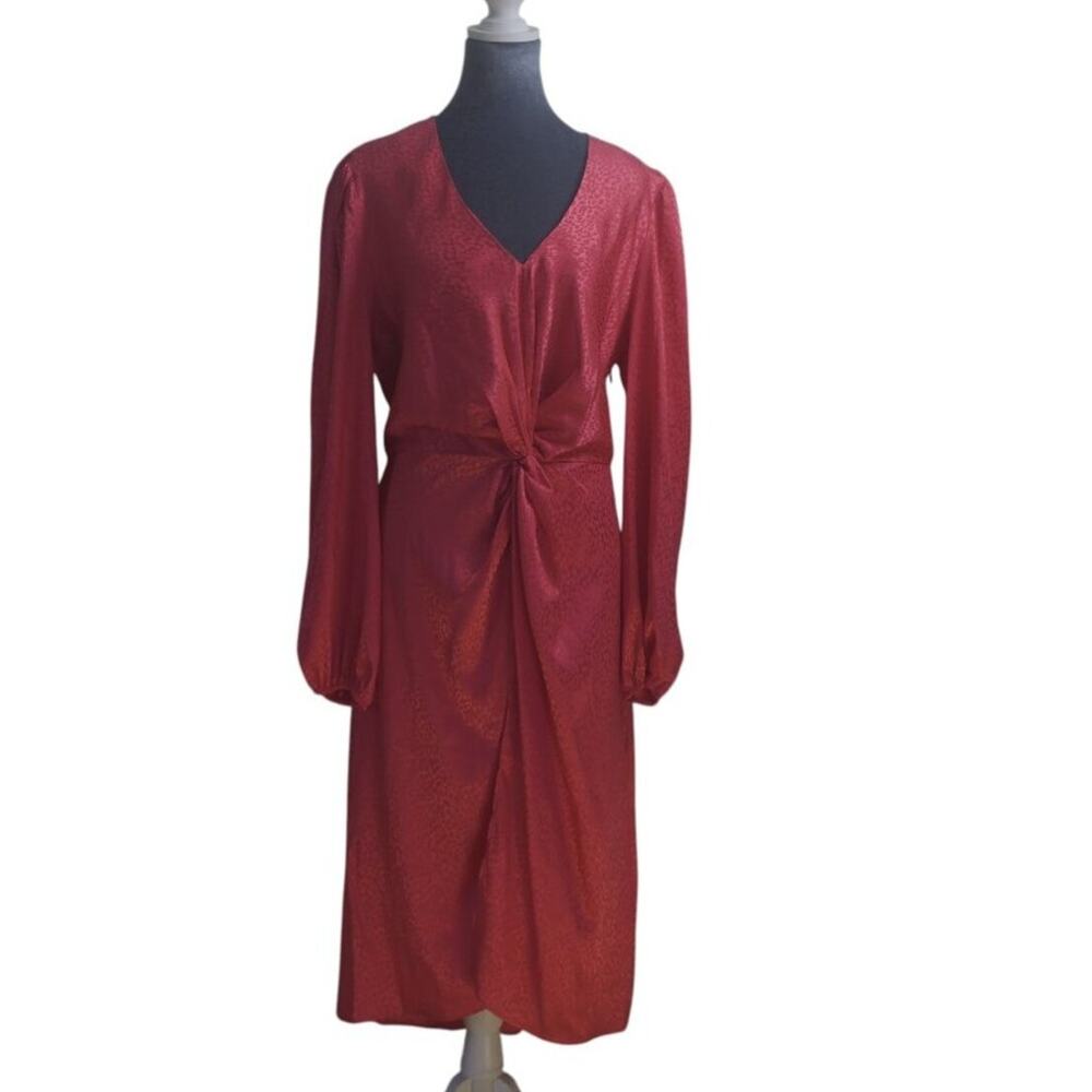 INC Hot Pink Animal Jacquard Twist Front Midi Dress XL Long Sleeve Partycore EUC